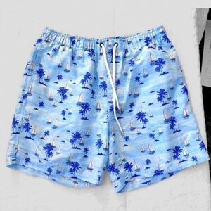 NWOT - Blue Palm Tree and Sailboat Men’s Swim Trunks